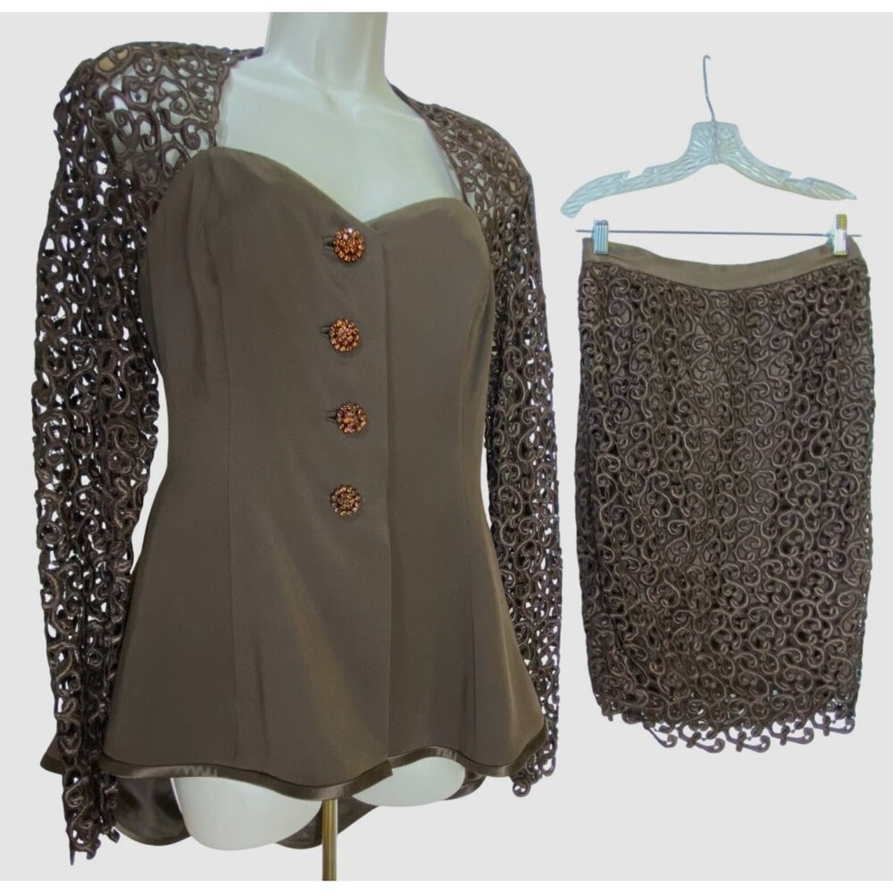 Vintage Brown Lace Skirt  Jacket Suit Set Rhinestone Buttons Small Pinup Classic